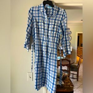 J. McLaughlin blue and white gingham midi linen shirt dress with 3/4 sleeves